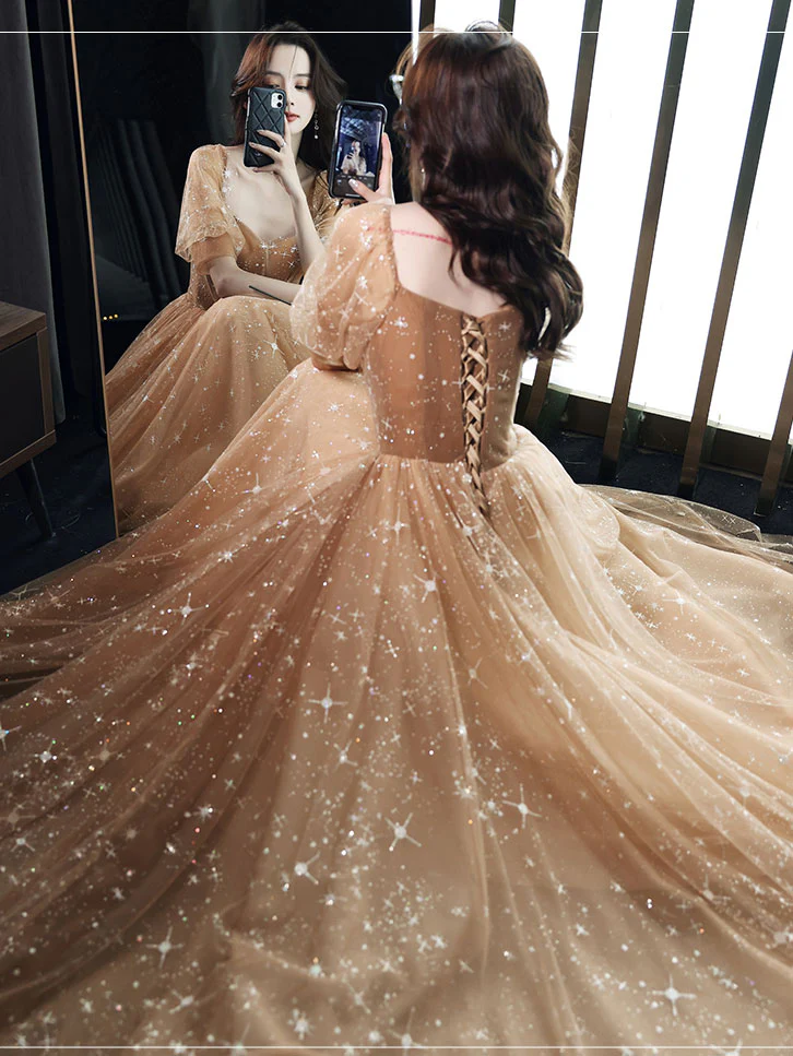 Champagne Sweetheart Tulle Lace Long Prom Dress Lace Evening Dress - Deanwangkt