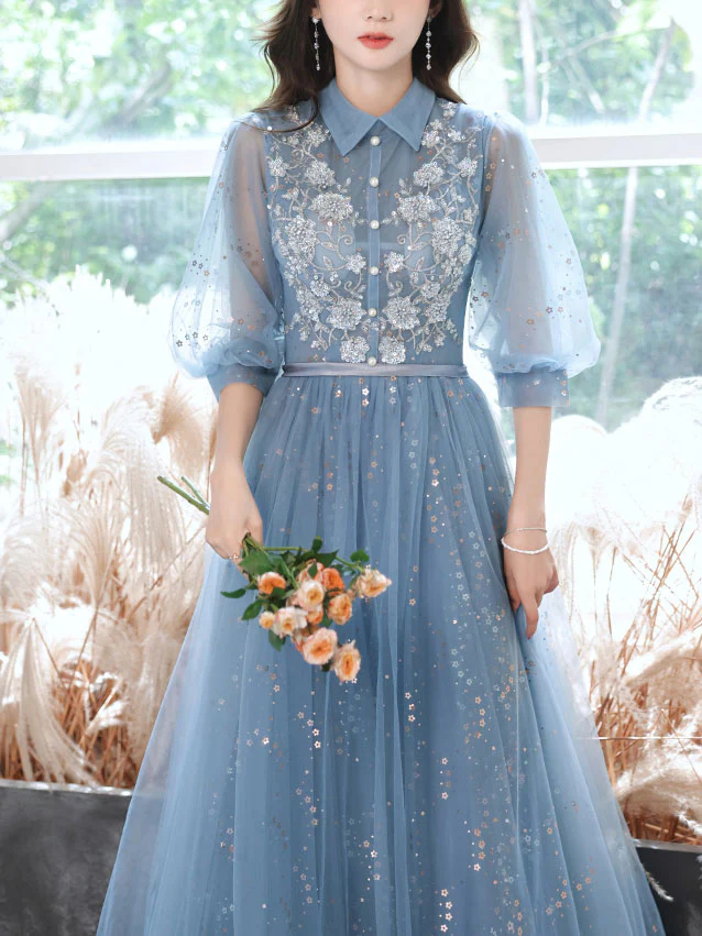 Blue Tulle Lace Sequin Long Prom Dress, A-line Blue Evening Dress - Deanwangkt