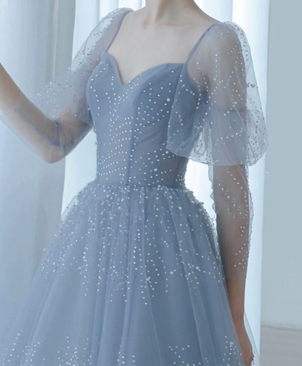 V Neck Tulle Sequin Blue Long Prom Dress, Blue Formal Graduation Dress - Deanwangkt