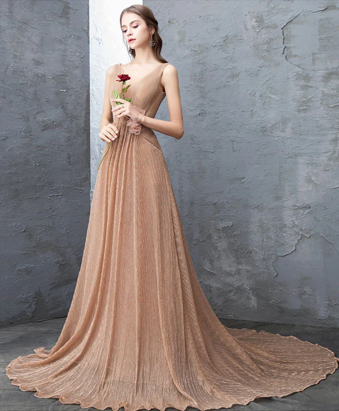Unique Gold V Neck Tulle Long Prom Dress, Gold Tulle Evening Dress - Deanwangkt