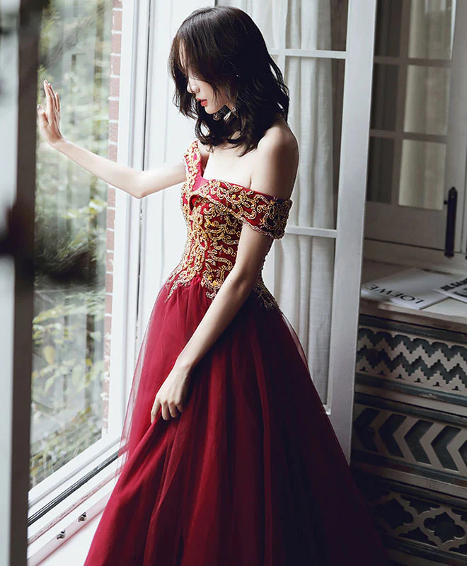 Burgundy Tulle Sequin Off Shoulder Long Prom Dress Burgundy Evening Dress - Deanwangkt