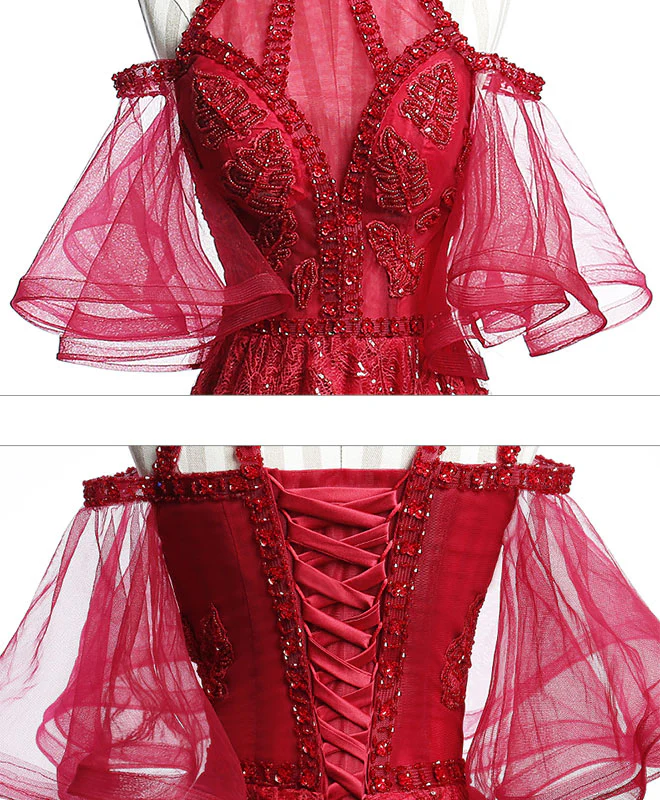 Unique Off Shoulder Tulle Lace Burgundy Long Prom Dress, Evening Dress - Deanwangkt