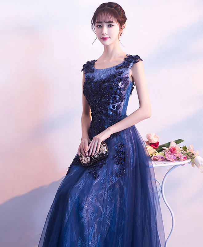 Dark Blue Lace Long Prom Dress, Lace Evening Dress - Deanwangkt
