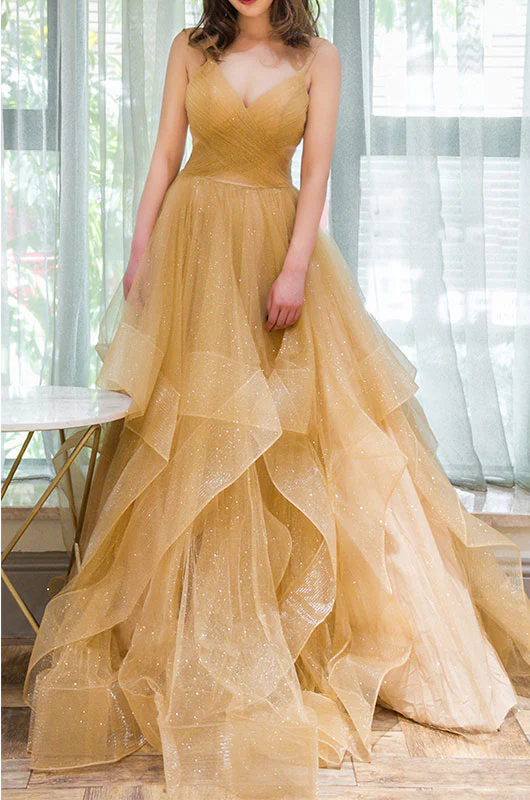 Unique V Neck Tulle A-Line Long Prom Dress Tulle Formal Dress - Deanwangkt