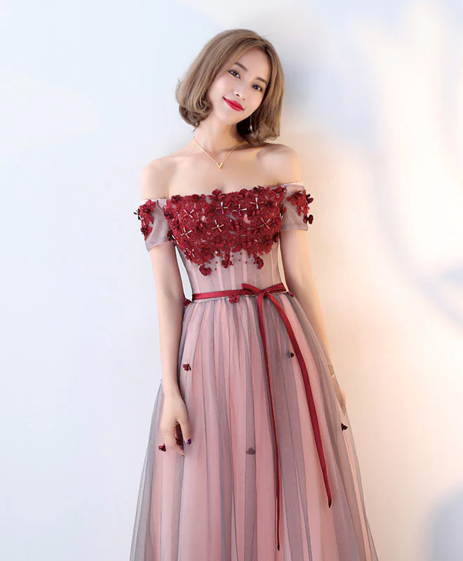 Burgundy Tulle Lace Long Prom Dress, Burgundy Evening Dress - Deanwangkt