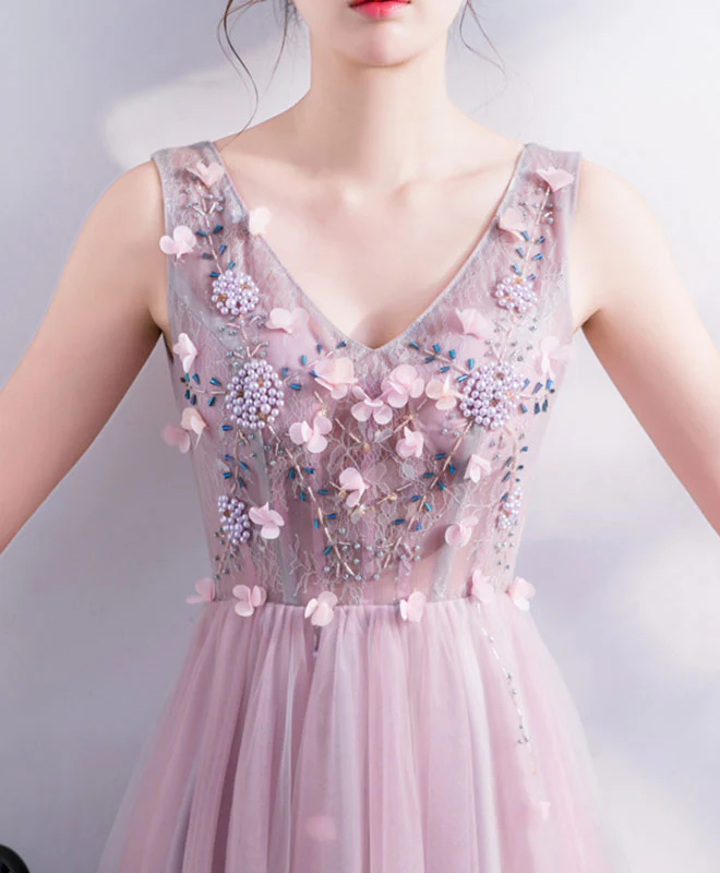 A Line V Neck Lace Tulle Long Prom Dress, Lace Evening Dress - Deanwangkt