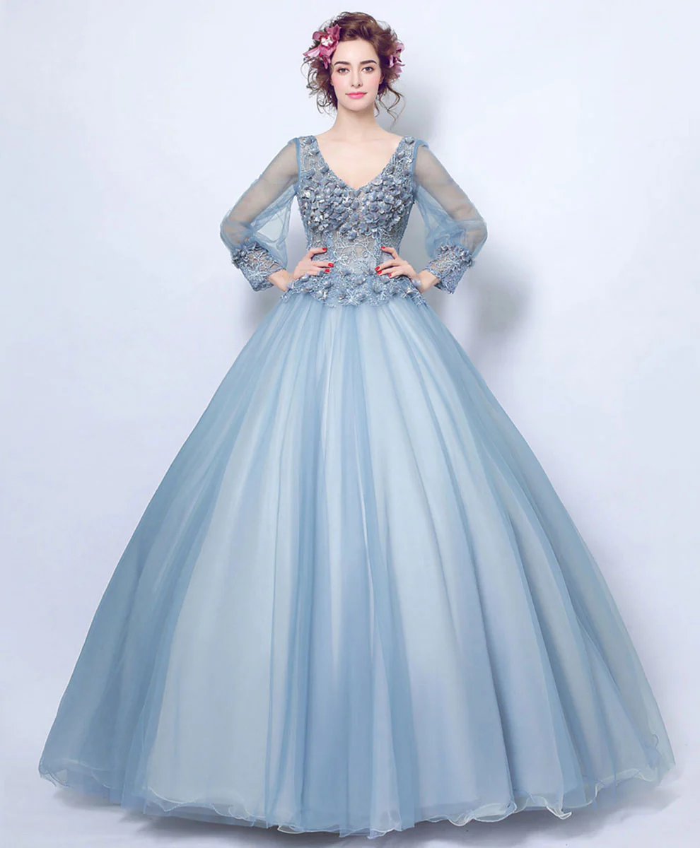 Blue V Neck Tulle Lace Long Prom Dress, Blue Lace Evening Dress - Deanwangkt