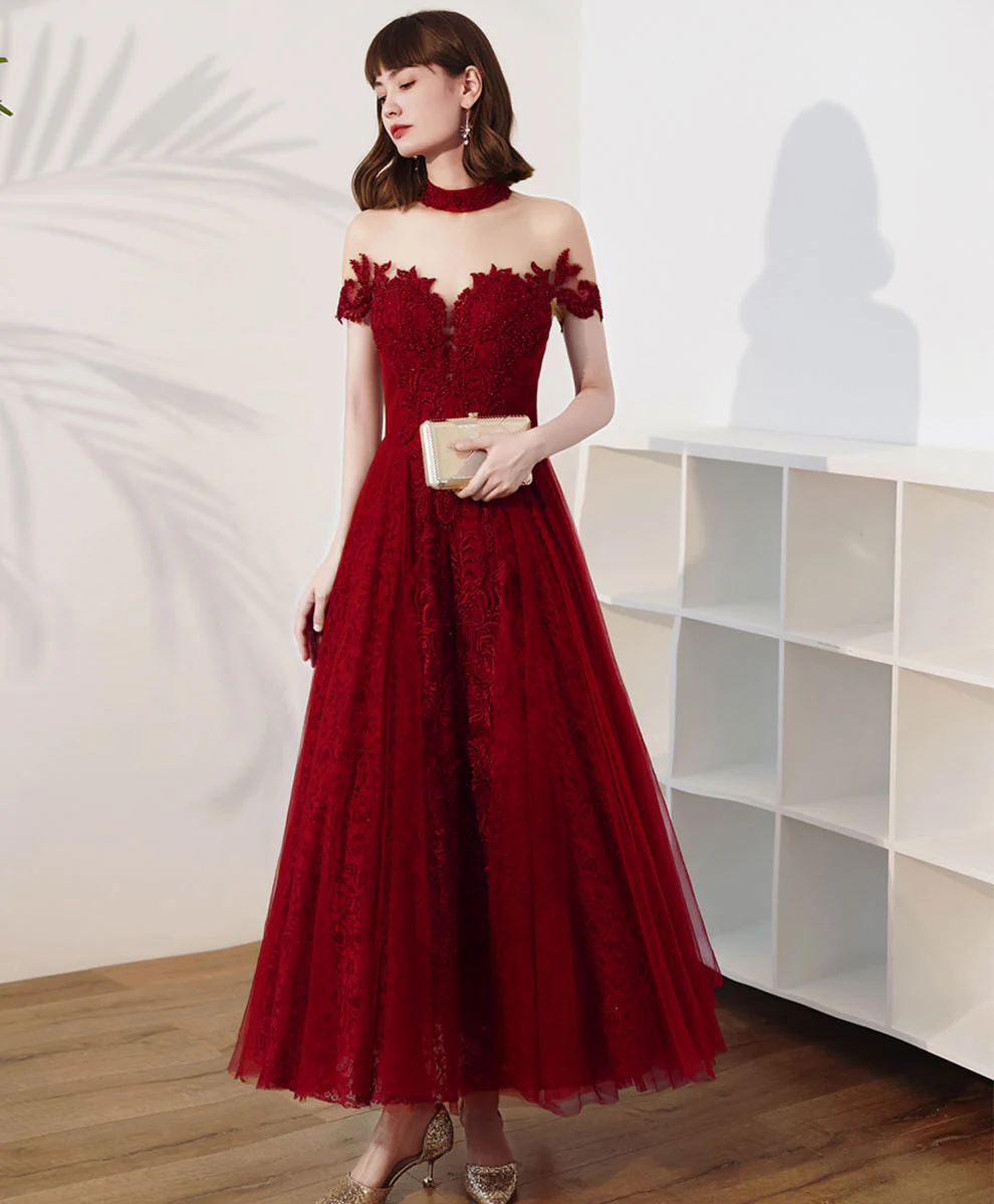 Burgundy High Neck Tulle Lace Tea Length Prom Dress, Lace Formal Evening Dress - Deanwangkt