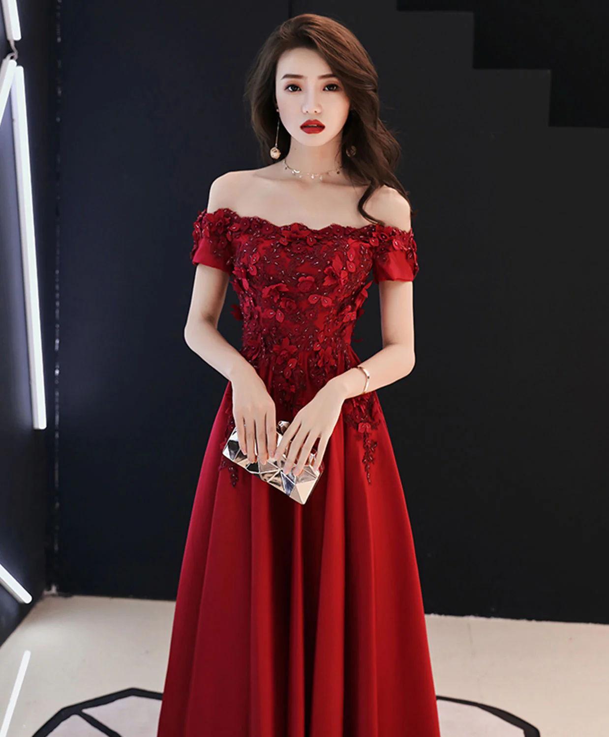 A-Line Burgundy Tulle Lace Long Prom Dress, Burgundy Tulle Bridesmaid Dress - Deanwangkt