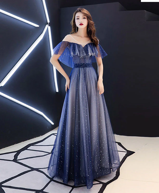 Blue V Neck Tulle Long Prom Dress, Blue Tulle Evening Dress - Deanwangkt