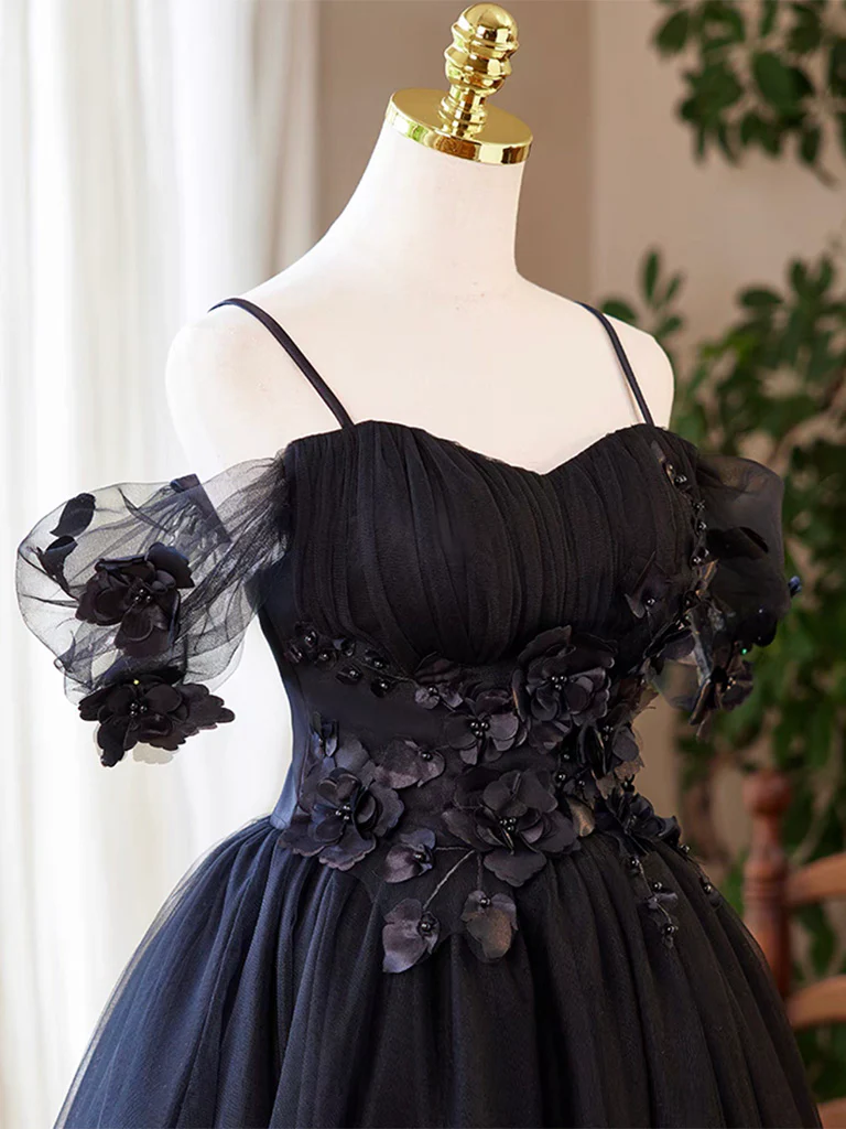 A-Line Sweetheart Neck Tulle Flower Black Short Prom Dress, Black Homecoming Dress - Deanwangkt