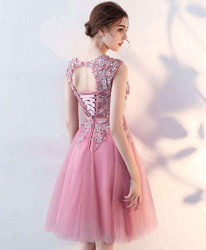 Pink Tulle Lace Short Prom Dress, Pink Tulle Homecoming Dress - Deanwangkt