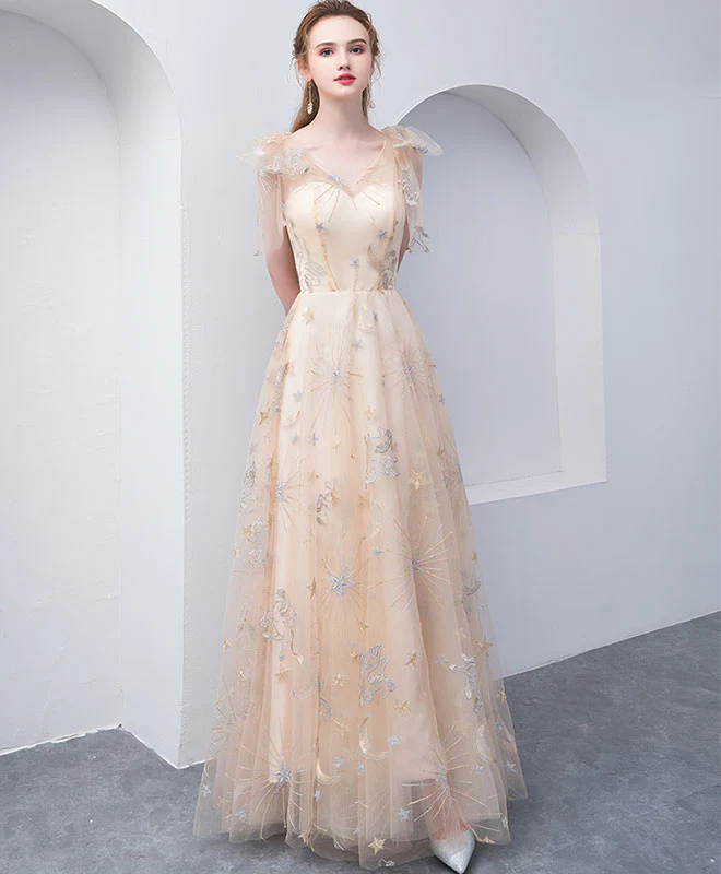 Champagne Tulle V Neck Long Prom Dress, Champagne Tulle Evening Dress - Deanwangkt