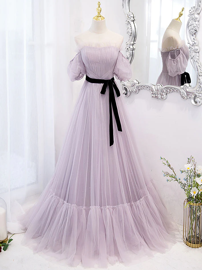 Purple tulle A line long prom dress, purple bridesmaid dress - Deanwangkt