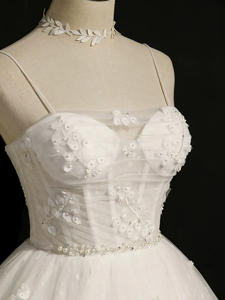 White Sweetheart Neck Tulle Lace Short Prom Dress, White Homecoming Dress - Deanwangkt