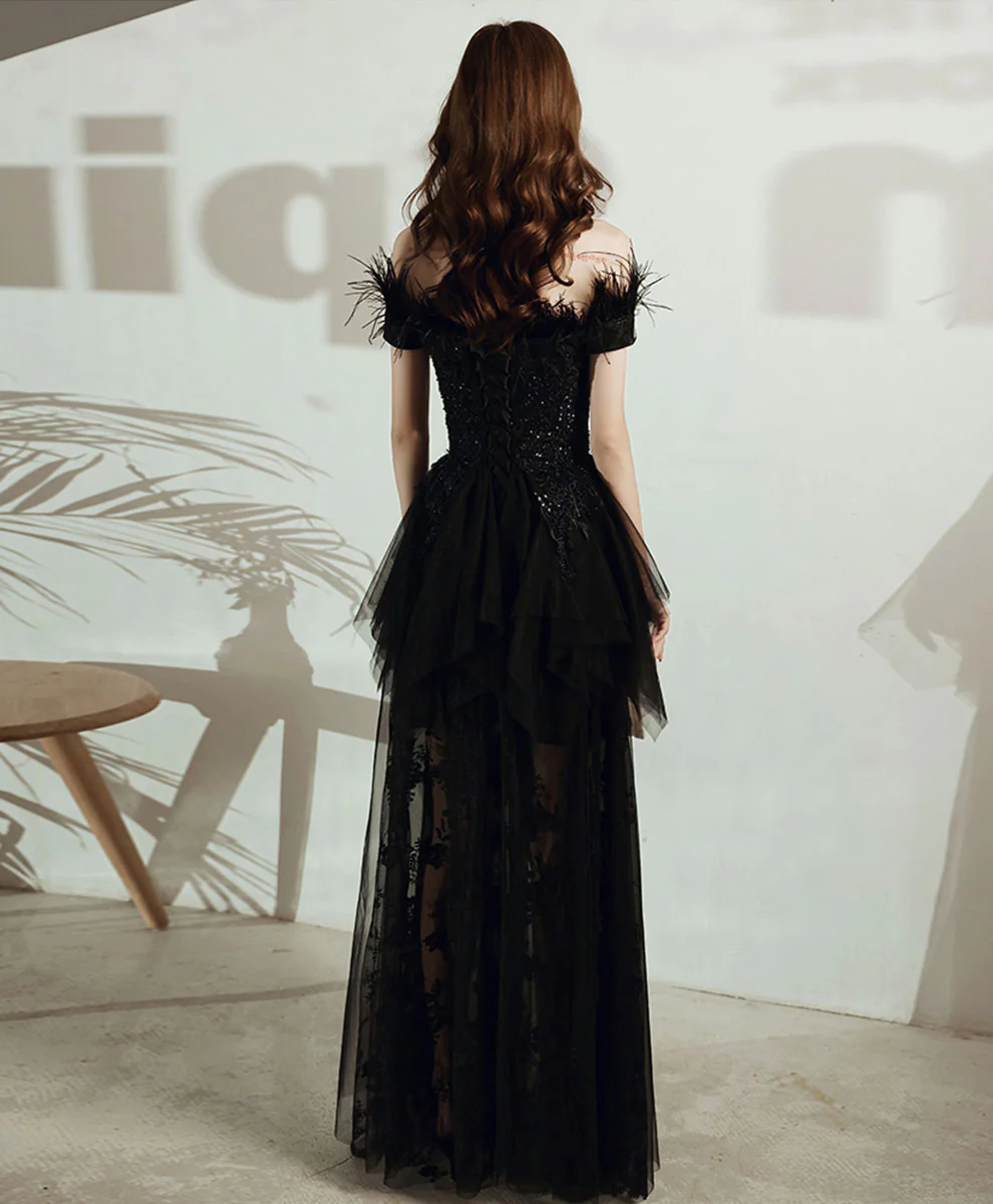 Black Tulle Lace Long Prom Dress, Black Formal Lace Evening Dress - Deanwangkt