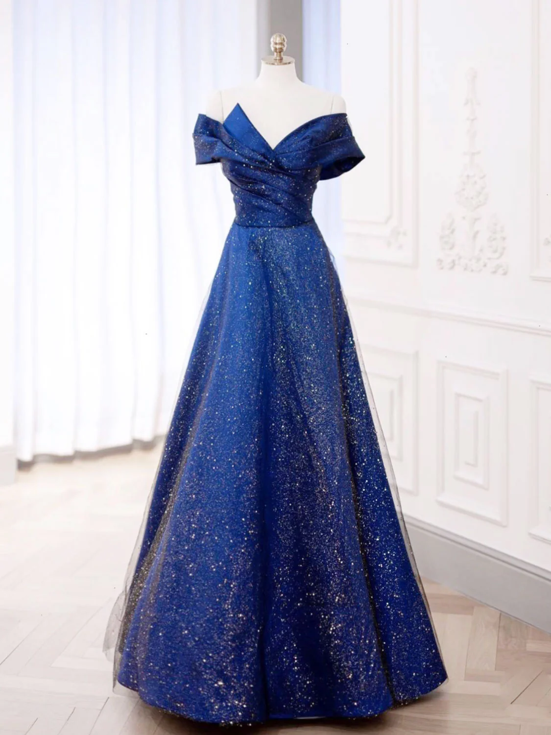 Simple Tulle Satin Dark Blue Long Prom Dress, Blue Formal Evening Dress - Deanwangkt