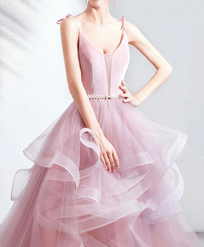 Pink V Neck Tulle Long Prom Dress Pink Tulle Evening Dress - Deanwangkt