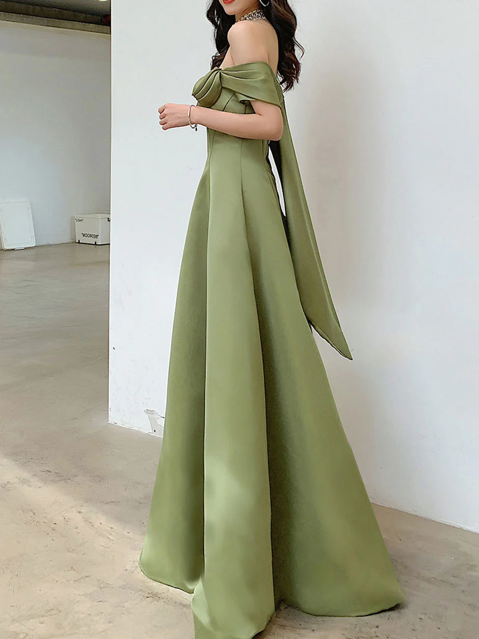 A Line Satin Green Long Prom Dresses, Off Shoulder Green Long Formal Dresses - Deanwangkt