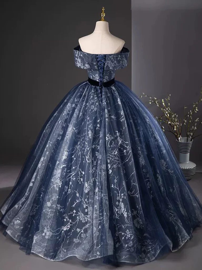 A-Line Off Shoulder Tulle Lace Dark Blue Long Prom Dress, Dark Blue Long Formal Dress - Deanwangkt