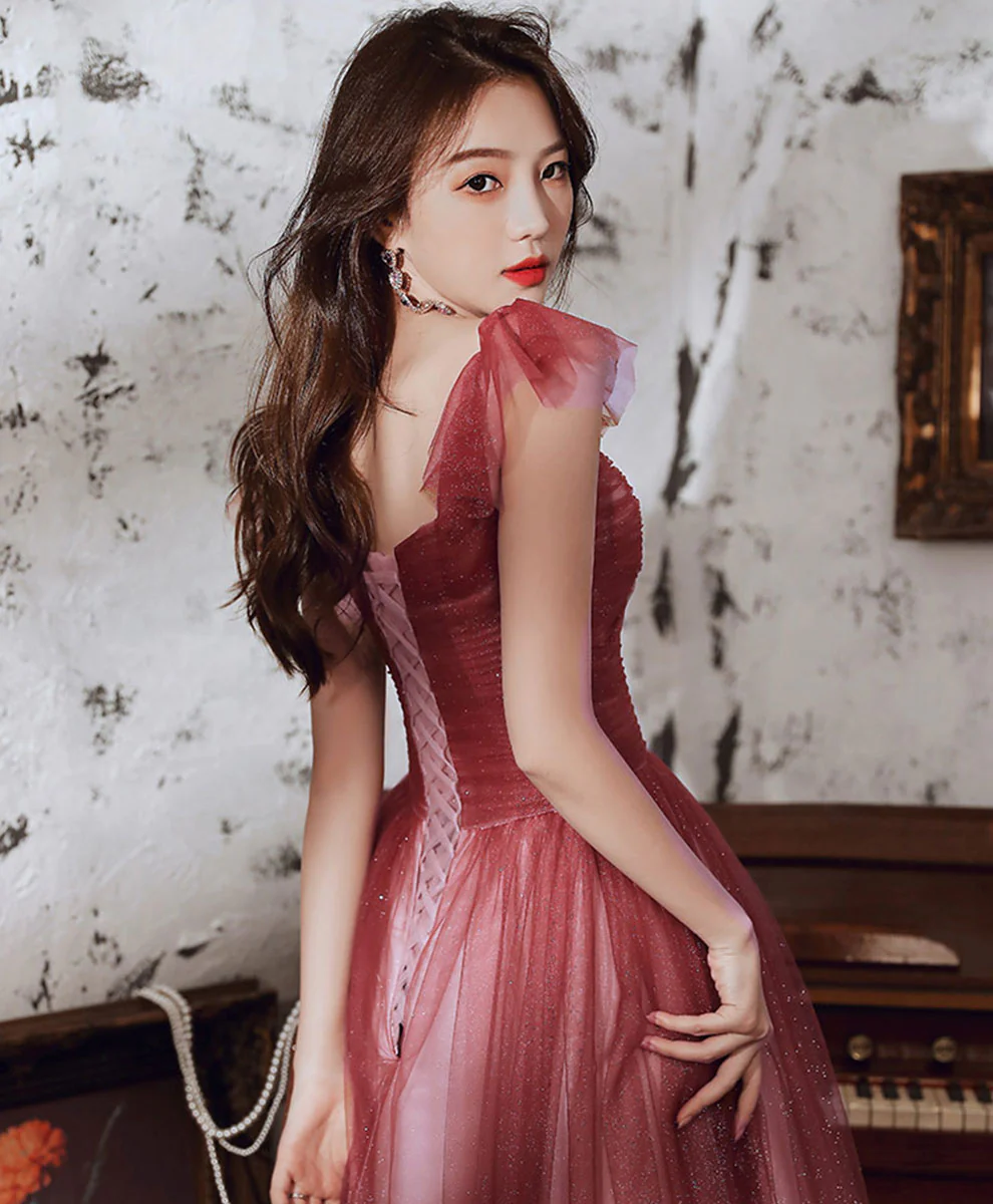 Simple Sweetheart Tulle Sequin Long Prom Dress, Aline Burgundy Formal Dress - Deanwangkt