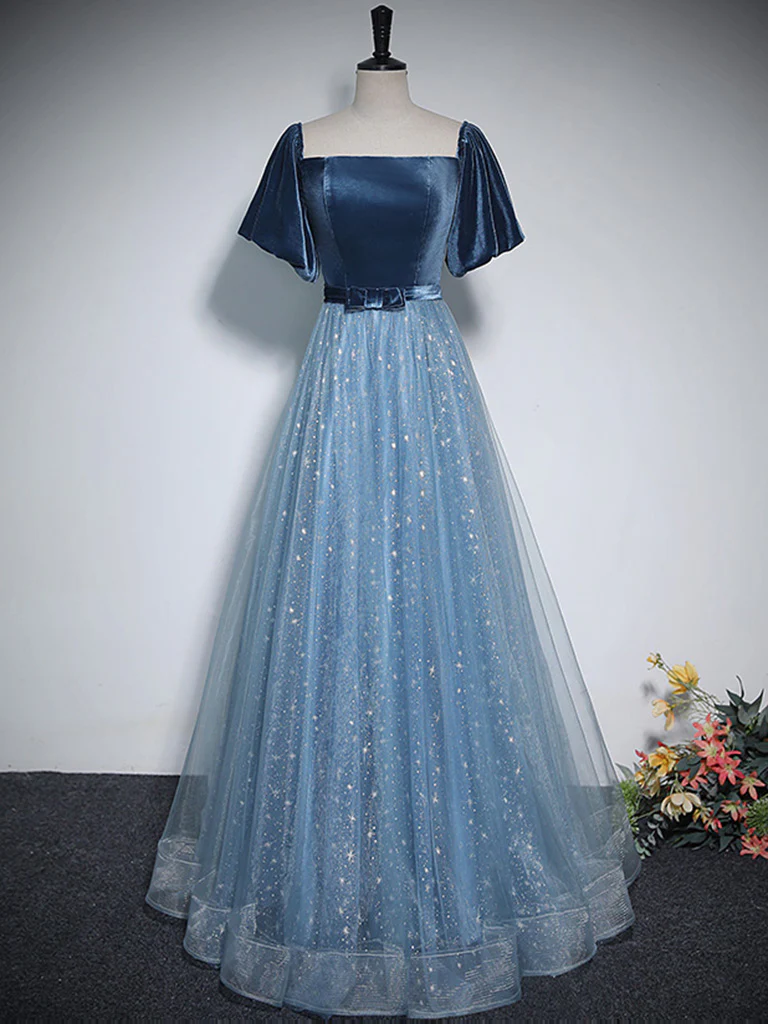 A-Line Tulle Velvet Blue Long Prom Dress, Blue Tulle Formal Dress - Deanwangkt