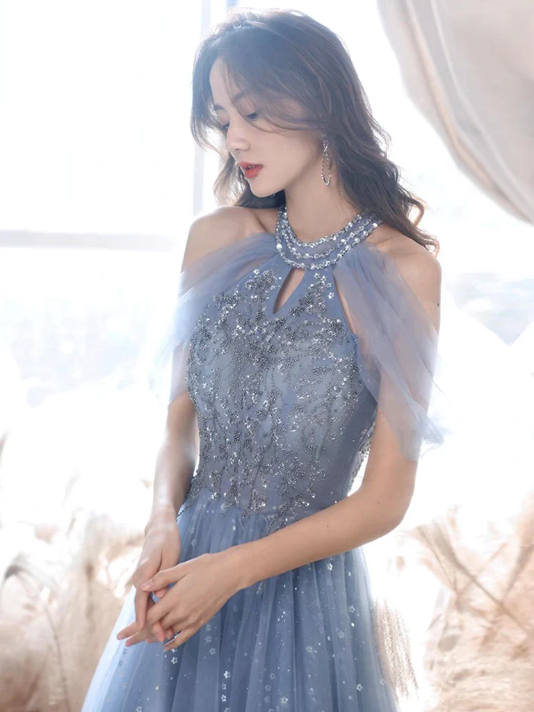 A-Line Off Shoulder Tulle Blue Long Prom Dress, Blue Lace Long Formal Dress - Deanwangkt