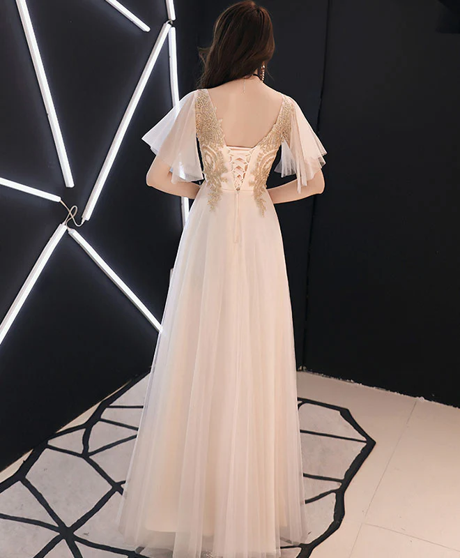 Champagne V Neck Tulle Lace Long Prom Dress Champagne Evening Dress - Deanwangkt