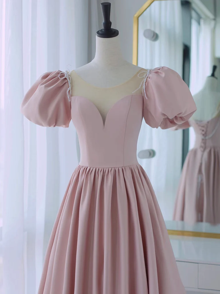 A-Line Puff Sleeves Satin Pink Long Prom Dress, Pink Long Formal Dress - Deanwangkt