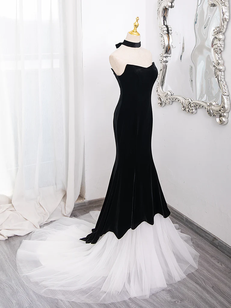 Mermaid Velvet Tulle Black Long Prom Dress, Black Long Formal Dress - Deanwangkt