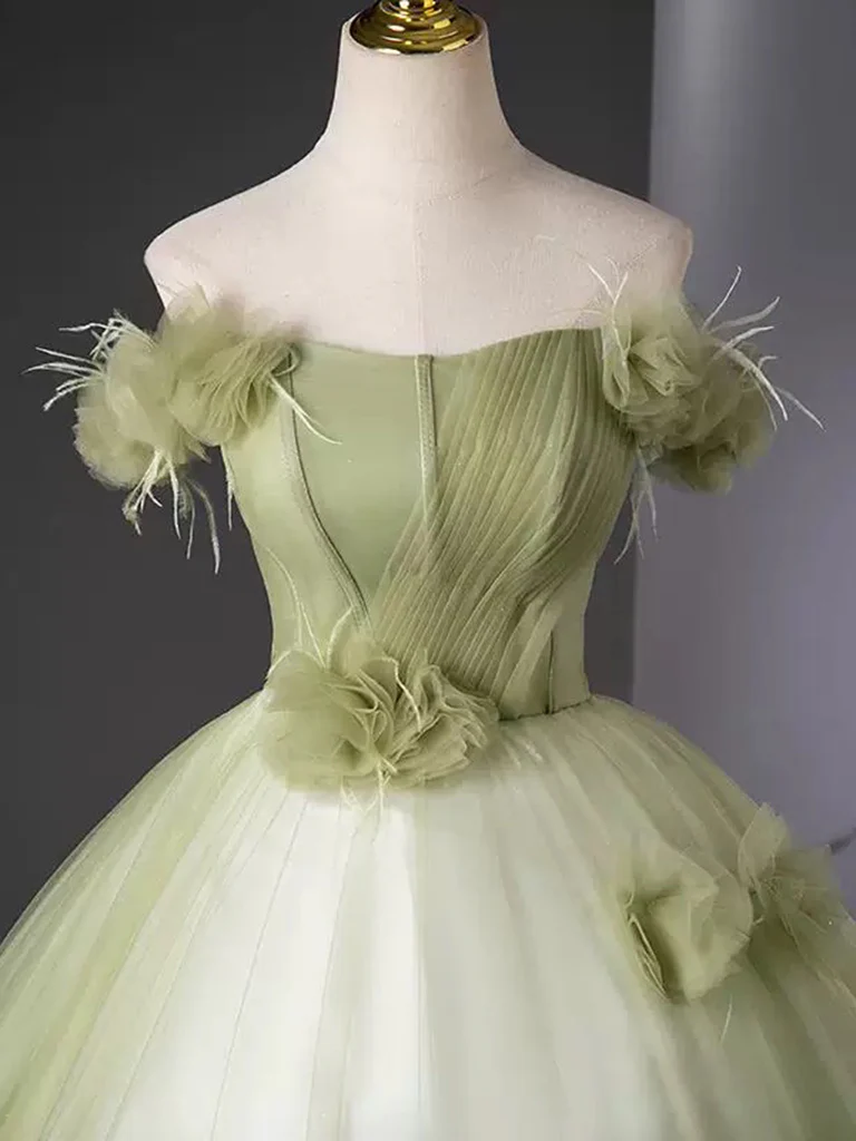 A-Line Off Shoulder Tulle Green Long Prom Dress, Green Long Evening Dress - Deanwangkt