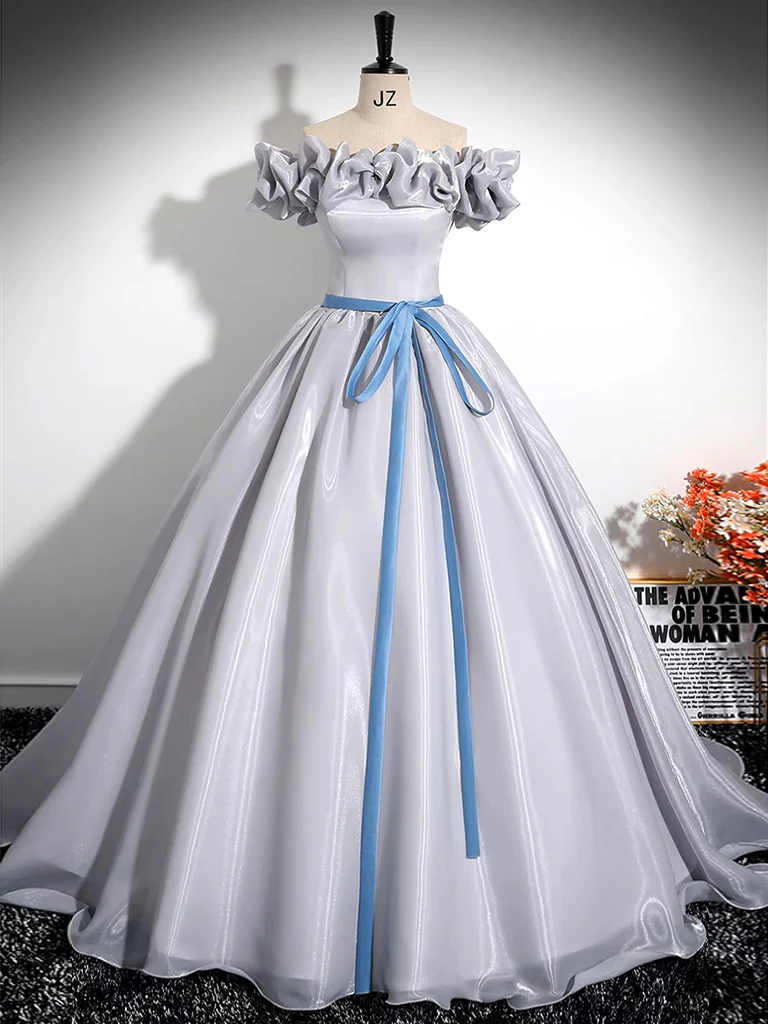 A-Line Off Shoulder Gray Satin Long Prom Dress, Gray Long Formal Dress - Deanwangkt
