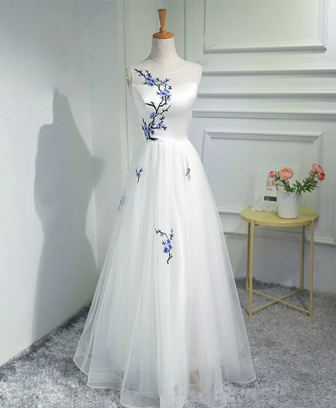 White A-Line Tulle Long Prom Dress, White Evening Dress - Deanwangkt