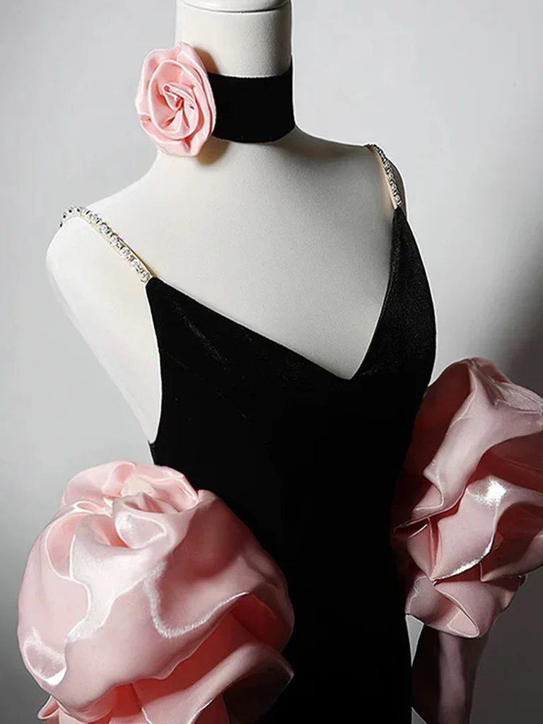 Mermaid V Neck Velvet Black Long Prom Dress, Black Velvet Party Dress - Deanwangkt