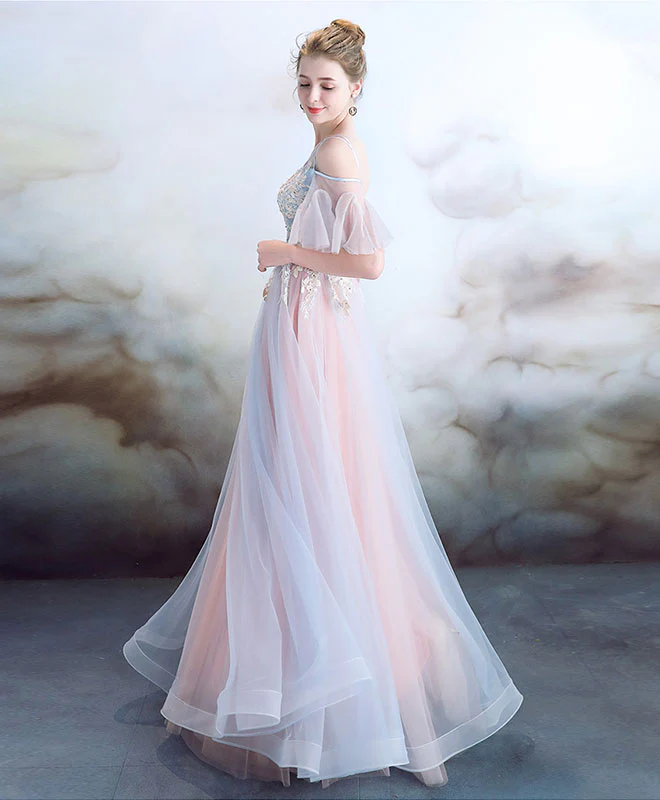 Elegant Light Pink Tulle Long Prom Dress, Pink Evening Dress - Deanwangkt