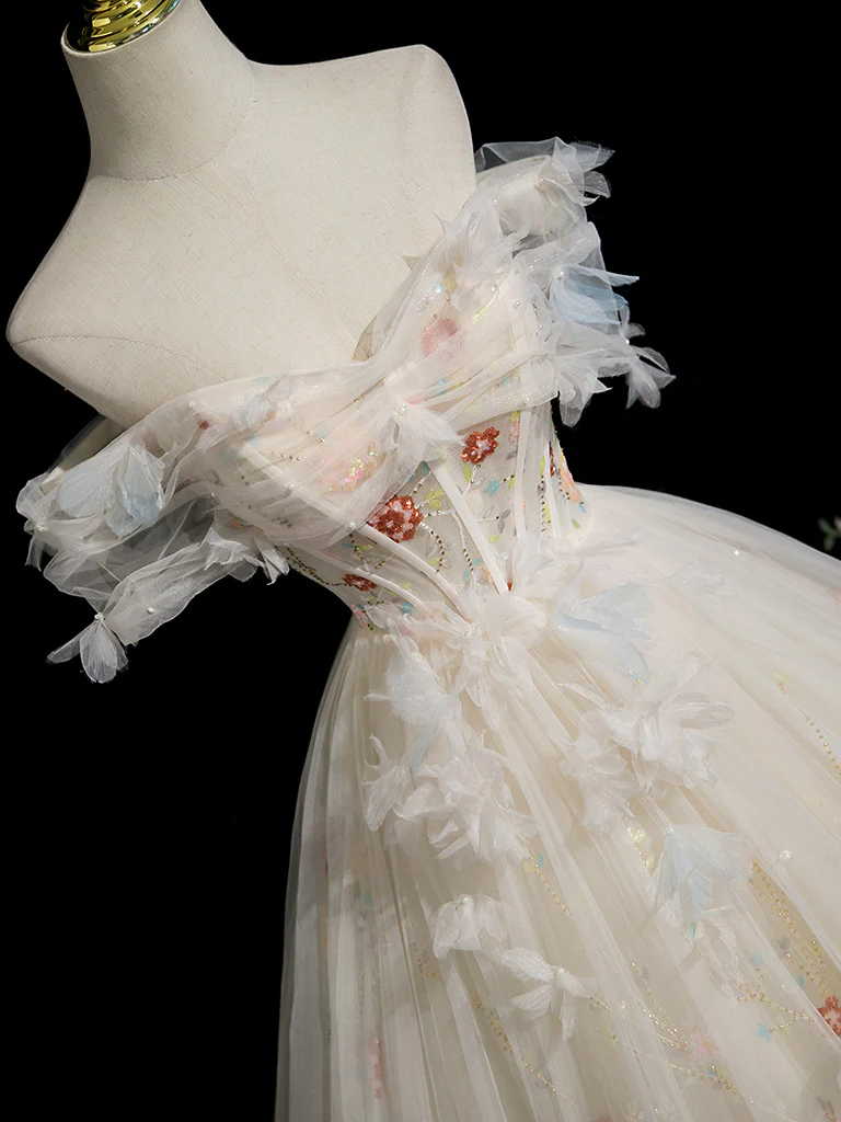 A-Line Sweetheart Neck Tulle Lace Light Champagne Long Prom Dress with Flower - Deanwangkt