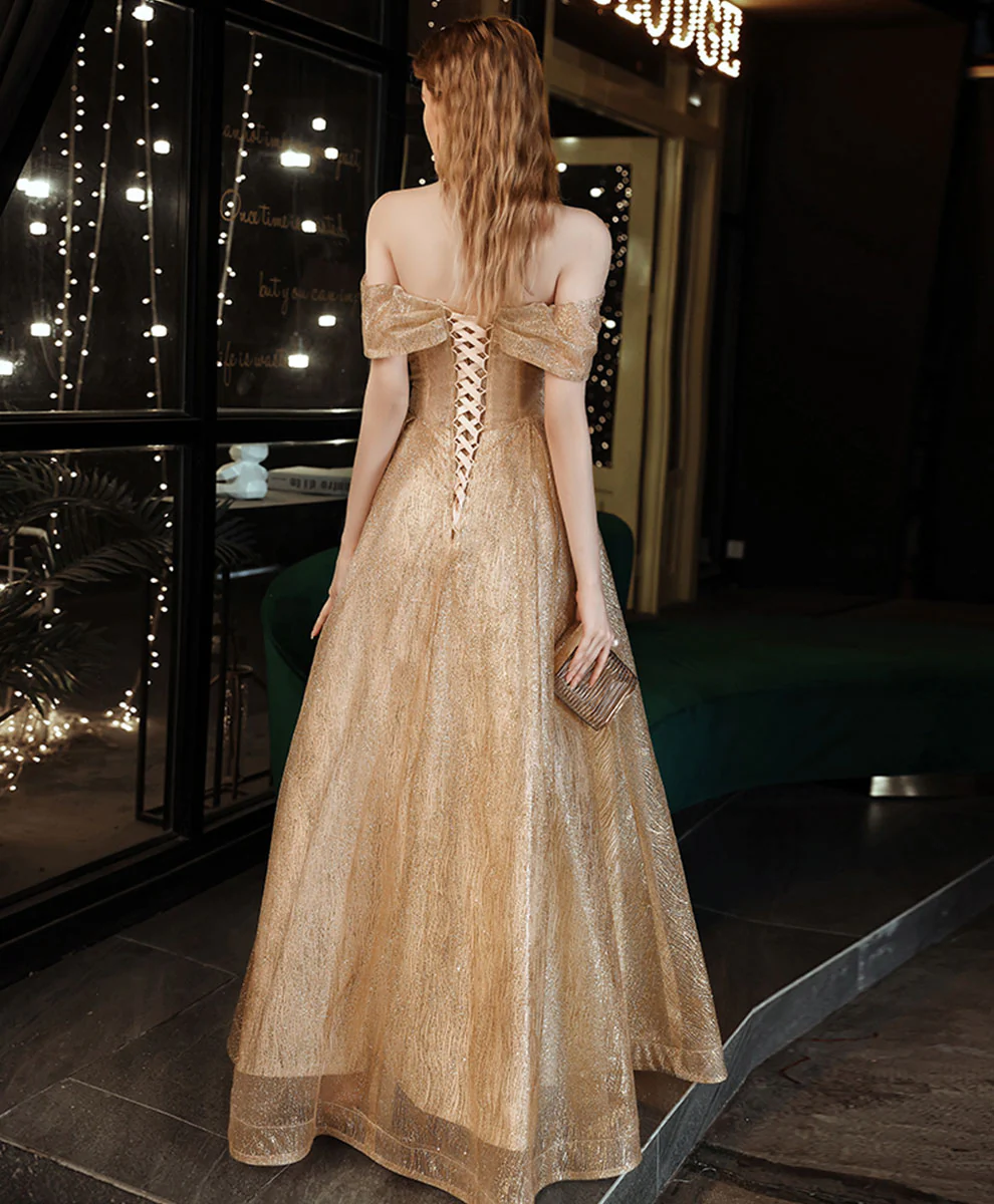 Gold Tulle Sequin Off Shoulder Long Prom Dress, Gold Formal Evening Dresses - Deanwangkt