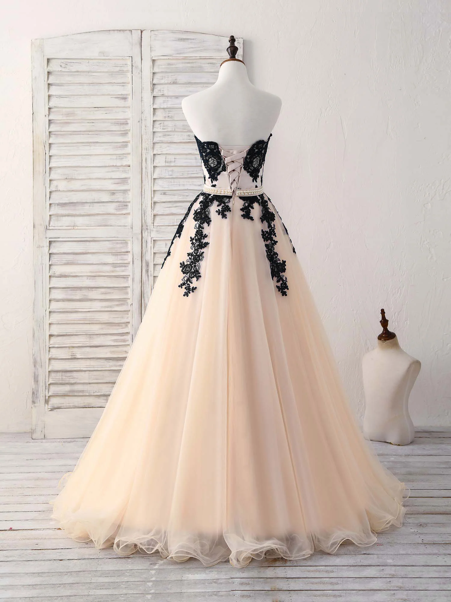 Black Tulle Lace Applique Long Prom Dress, Black Evening Dress - Deanwangkt