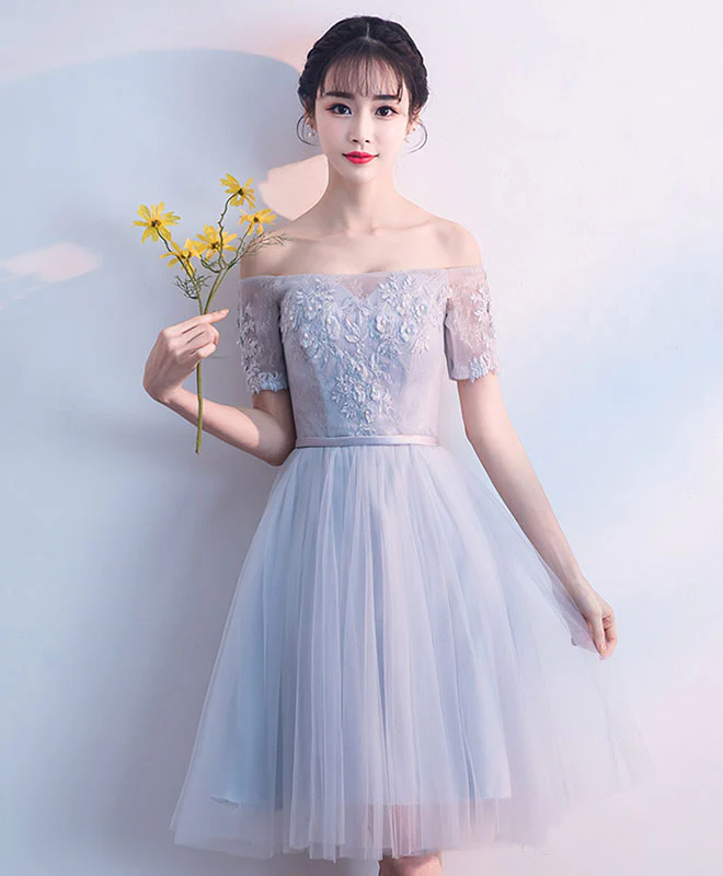 Cute Gray Tulle Lace Short Prom Dress Gray Tulle Homecoming Dress - Deanwangkt
