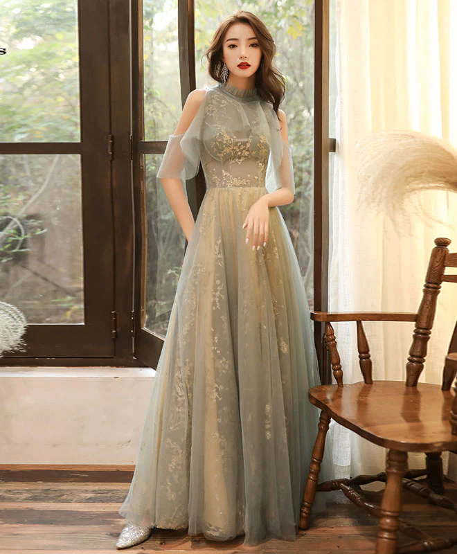 Green Tulle Hight Neck Tulle Lace Long Prom Dress Tulle Formal Dress - Deanwangkt
