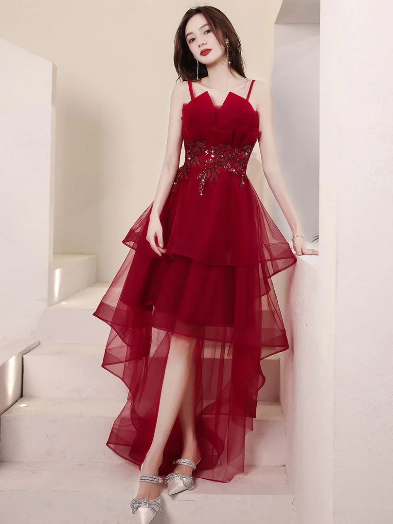 Tulle High Low Burgundy Prom Dress, Burgundy Homecoming Dress - Deanwangkt