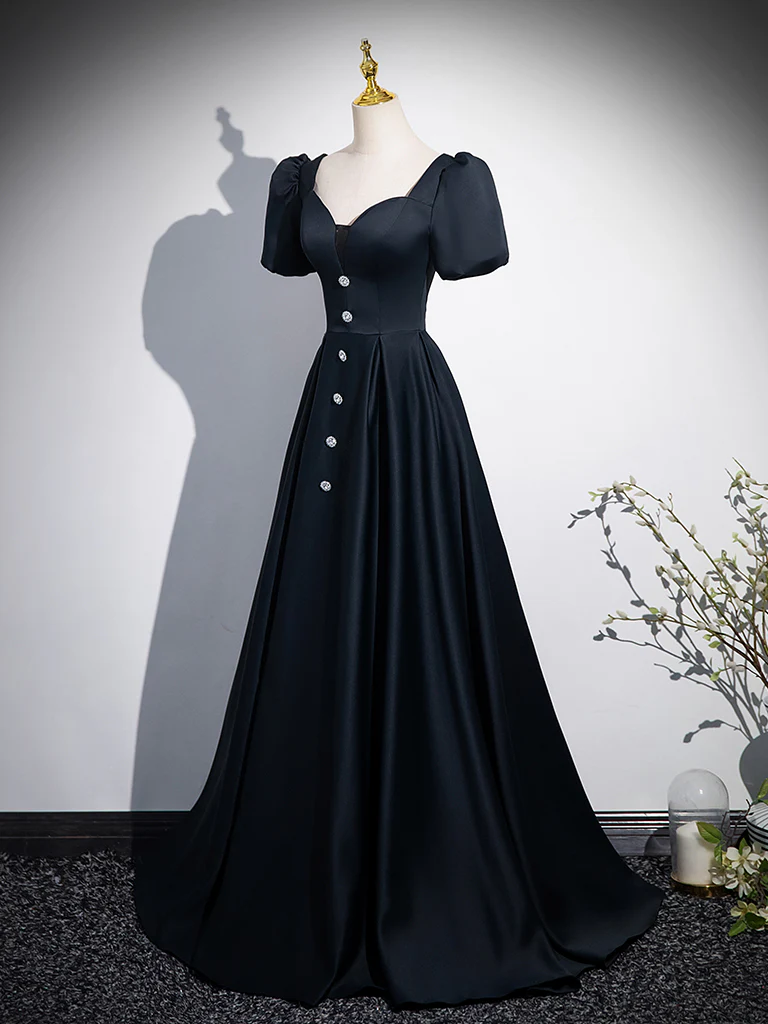 A-Line Short Sleeve Satin Dark Blue Long Prom Dress, Dark Blue Long Formal Dress - Deanwangkt