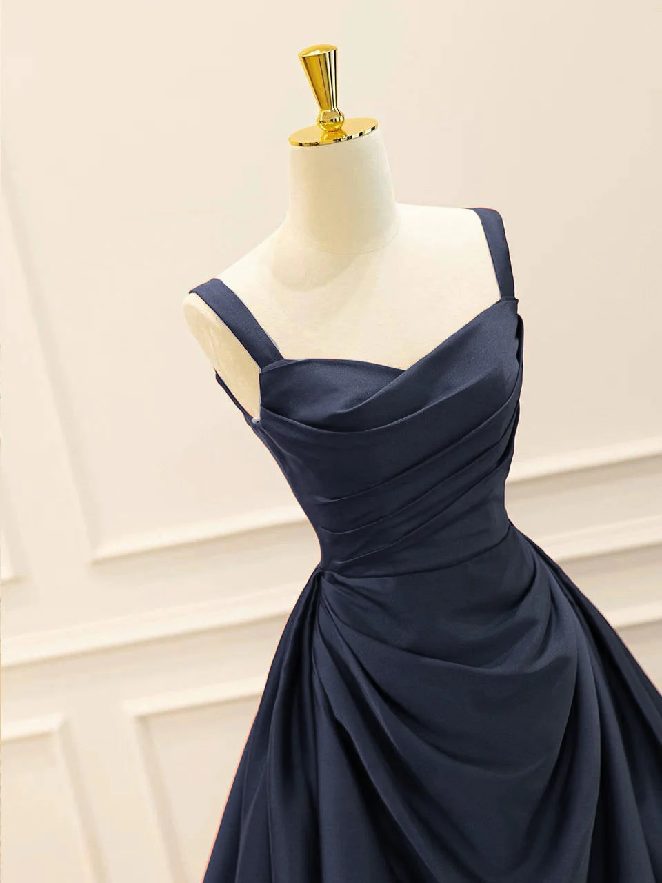 A-Line Satin Dark Blue Long Prom Dress, Dark Blue Long Evening Dress - Deanwangkt