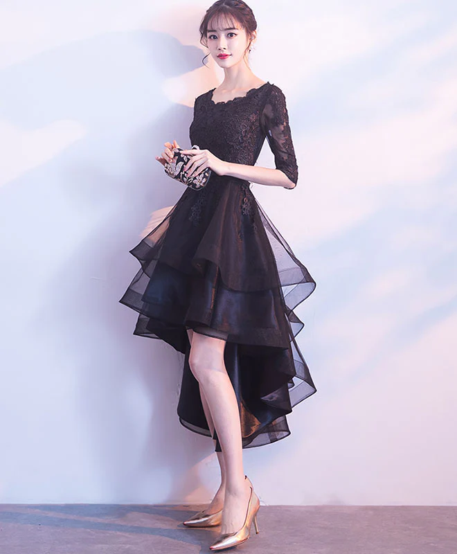 Cute Black Tulle Lace Short Prom Dress, Black Bridesmaid Dress - Deanwangkt