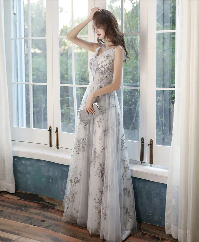 Gray Tulle Lace Long Prom Dress Gray Tulle Lace Formal Dress - Deanwangkt