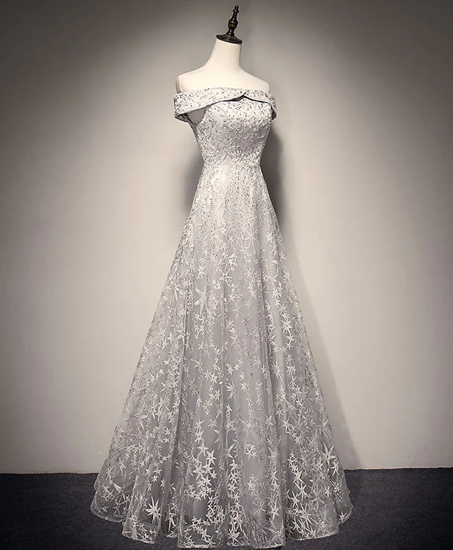 Gray White Tulle Lace Long Prom Dress Tulle Lace Formal Dress - Deanwangkt