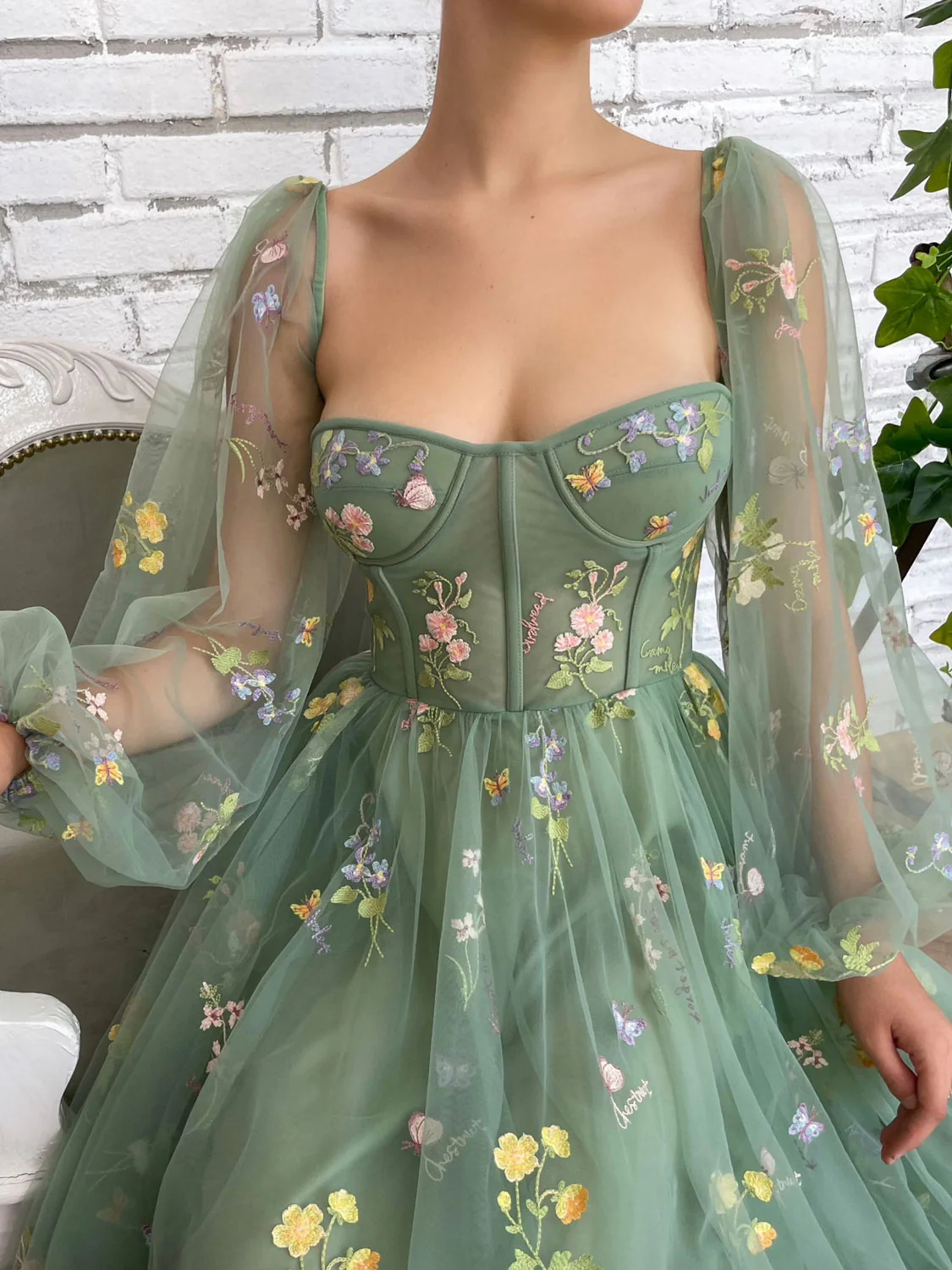 Elegant Long Sleeves Tulle Tea Length Puffy Green Prom Dress, Green Bridesmaid Dresses - Deanwangkt