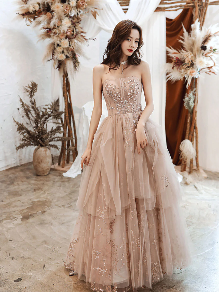 A-line Champagne Tulle Lace Long Prom Dress Lace Evening Dress - Deanwangkt
