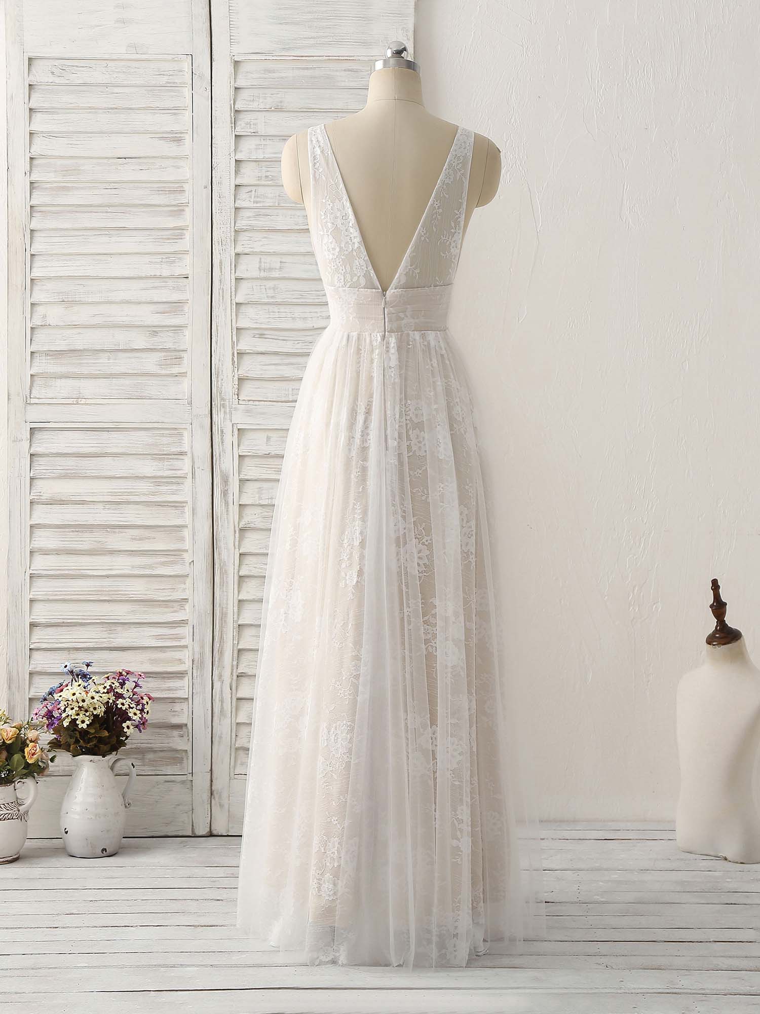White V Neck Lace Long Prom Dress Backless Lace Evening Dress - Deanwangkt