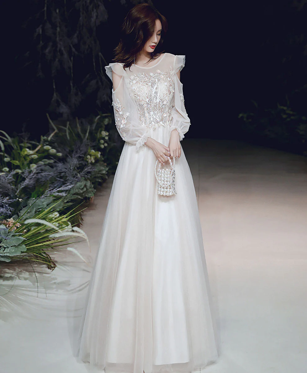 Light Champagne Long Prom Dress, Formal Evening Party Dress with Lace - Deanwangkt